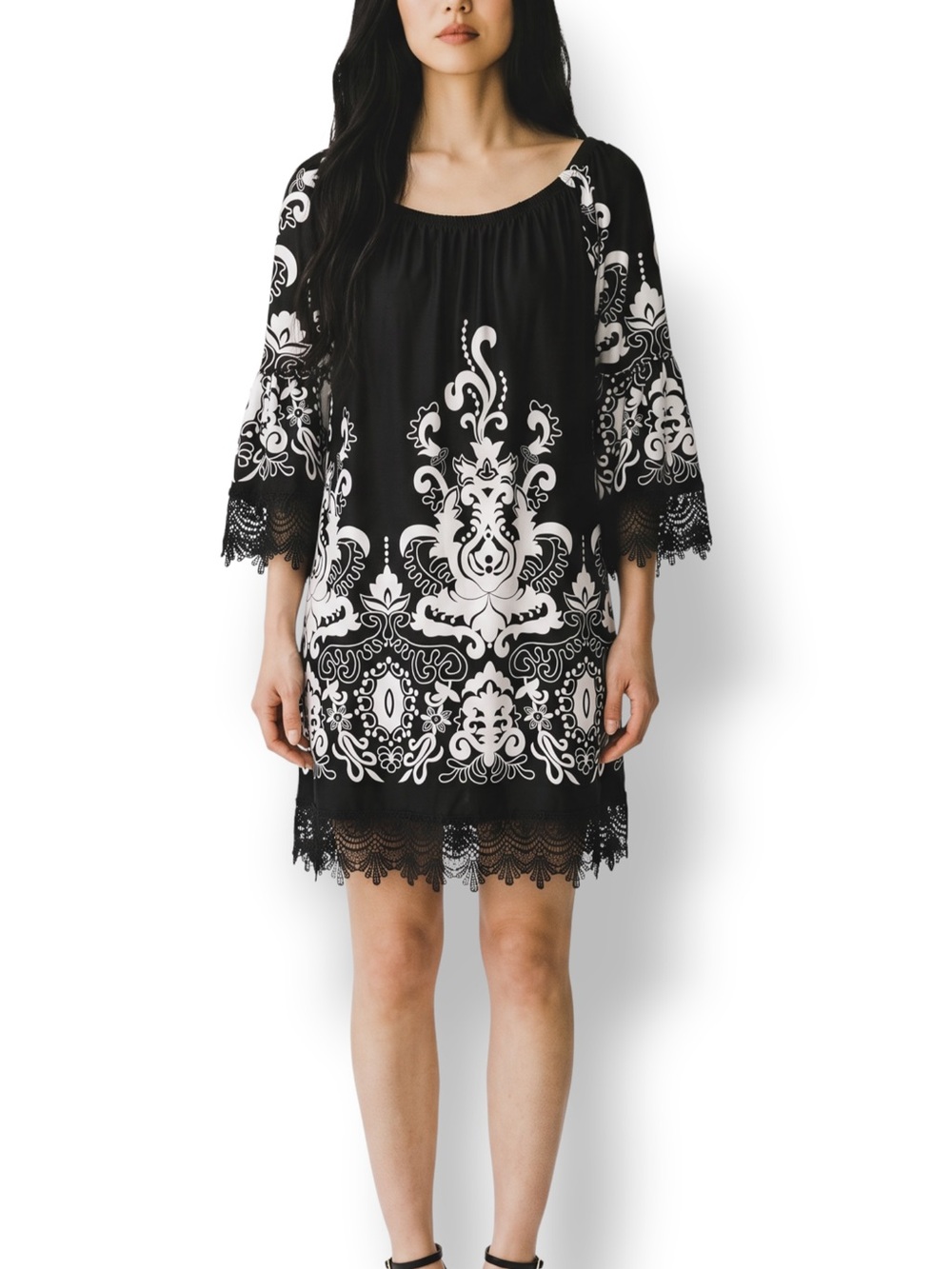4/$20 White Mark XL Black White Damask Off Shoulder Bell Sleeve Lace Shift Dress